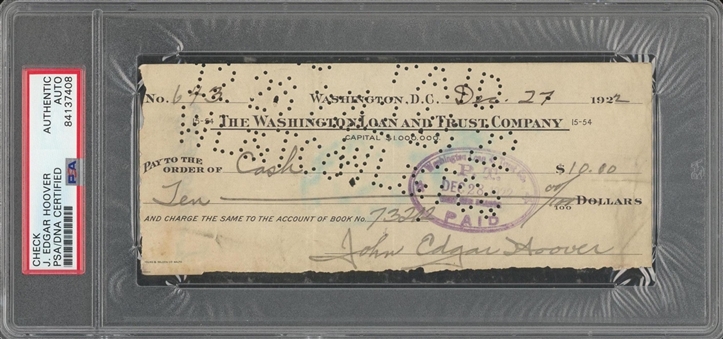 1922 J. Edgar Hoover Signed Bank Check Dated Dec. 27, 1922 (PSA/DNA)